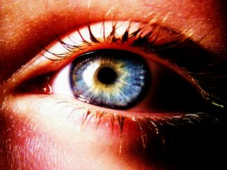 a close up of a person's blue eye