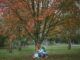 woman holding baby sitting under the tree