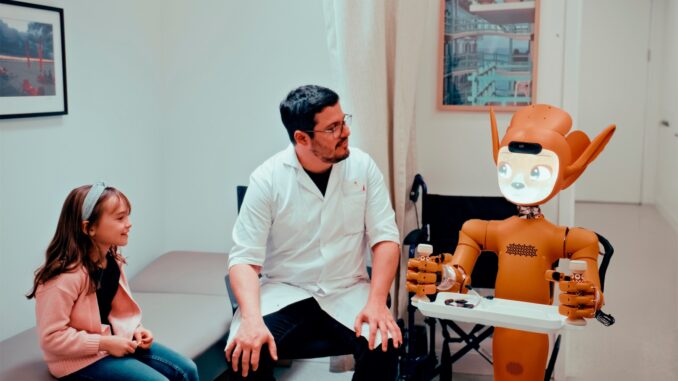 Doctor, girl, and robot in a medical room.