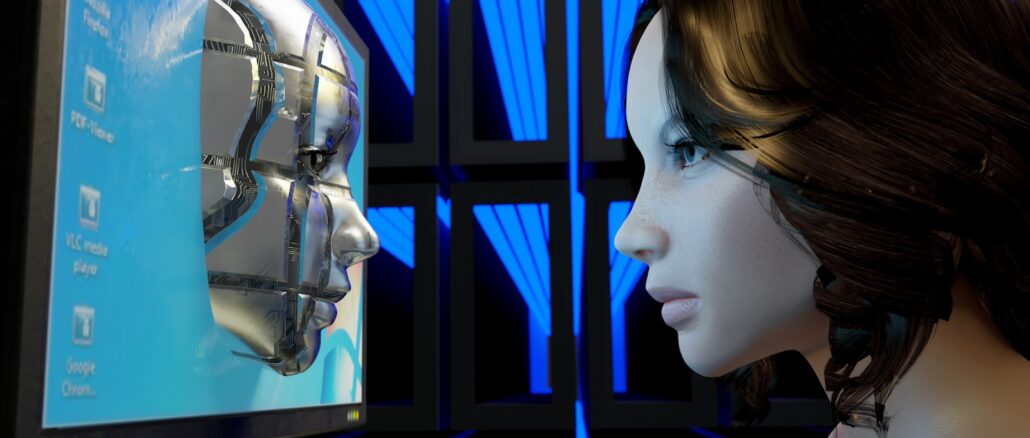 a female mannequin is looking at a computer screen